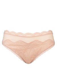 Lace-trimmed, peach-colored panties with a scalloped design and textured pattern on the front. Soft fabric creates a smooth appearance.