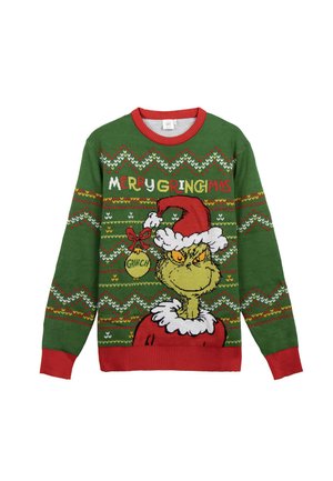 Green knitted sweater featuring a Grinch graphic, red ribbed cuffs and collar, and festive patterns in red, white, and yellow throughout.