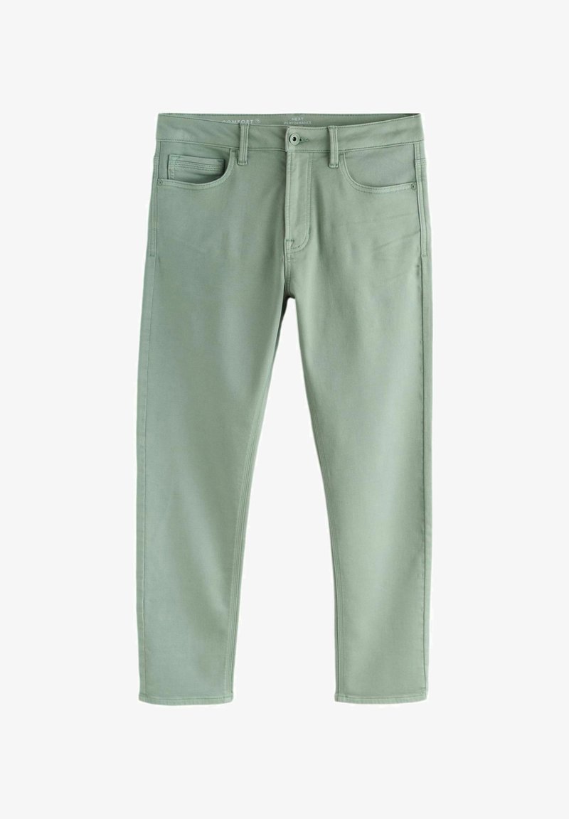 Jean droit vert clair avec bouton frontal, fermeture éclair, passants de ceinture et cinq poches, présenté sur un fond blanc.