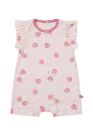 Pelele rosa claro para bebé con mangas cortas con volantes, cremallera frontal, botones a presión en las piernas y un patrón de pequeños melocotones rosas.