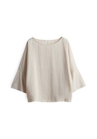 Helle beige, locker sitzende Bluse aus weichem Stoff, mit weitem Rundhalsausschnitt und dreiviertellangen Glockenärmeln. Schlichtes Design.