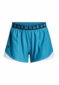 Pantalones cortos deportivos color azul verdoso con una cintura elástica negra que presenta el texto "UNDER ARMOUR RUN", con un subrayado blanco superpuesto, hechos de tela ligera.