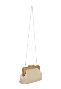 Bézs színű szövött kézitáska virágmintás aljjal, fa kapoccsal és arany láncpánttal. Kompakt forma texturált felületi részletekkel.