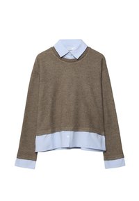 Brauner Strickpullover mit einem hellblau-weißen gestreiften Kragen und Ärmeln, der einen Lagenlook mit einem verkürzten Design bietet.