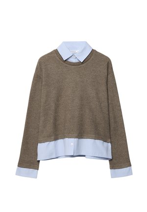 Maglione marrone a maglia con colletto e polsini a righe blu chiaro e bianche, caratterizzato da un look stratificato con un design corto.