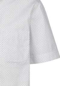 Camicia bianca a maniche corte con motivo a pois blu, dotata di taschino e texture liscia, vestibilità aderente e orlo arrotondato.