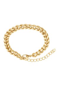 Bracciale in oro con spesse maglie intrecciate. Presenta una chiusura a moschettone e una catena di estensione per una misura regolabile. Finitura metallica liscia.