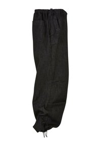 Pantaloni di denim nero con cintura elastica, coulisse e due tasche laterali. Vestibilità ampia e arricciati alle caviglie.