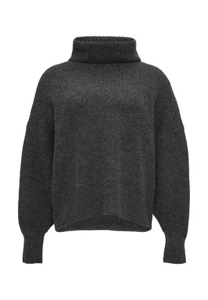 Dunkelgrauer, gerippter Strickrollkragenpullover mit langen Ärmeln und einem leicht verkürzten, lockeren Schnitt.