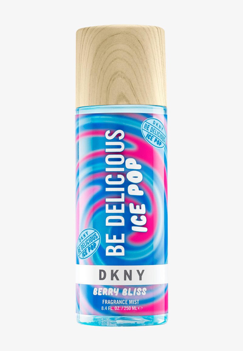 Vaporisateur de parfum DKNY Be Delicious Ice Pop Berry Bliss avec un design tourbillonnant bleu et rose et un capuchon en bois, 250 ml.