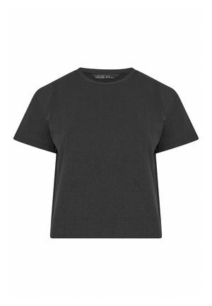 Enkelt sort cropped T-shirt med korte ærmer og rund hals, afslappet pasform og en lille mærketag indvendigt i kraven.