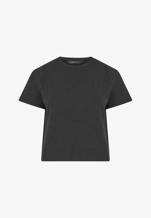 T-shirt court noir uni à manches courtes, col rond, coupe décontractée, avec une petite étiquette de marque à l'intérieur du col.