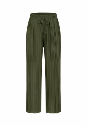 Olive green pleated trousers with an elastic waistband and drawstring. Soft fabric with vertical folds creating a textured design.