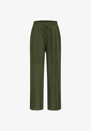 Olive green pleated trousers with an elastic waistband and drawstring. Soft fabric with vertical folds creating a textured design.