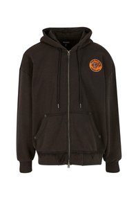 Fekete zipzáros kapucnis pulóver, húzózsinórral, két elülső zsebbel, kopott aljjal és narancssárga, kör alakú tigris logóval a mellkason.