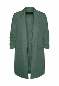 Long blazer vert en tissu texturé, avec un col à revers cranté, une ouverture devant et deux poches avant. Doublure intérieure lisse.