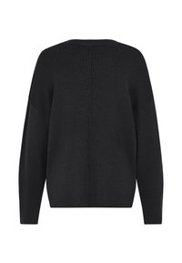 Kerge must kampsun, millel on lõdvestunud lõige, langevad õlad, soonilised varrukasuuotsad ning nähtav õmblus selja keskel.