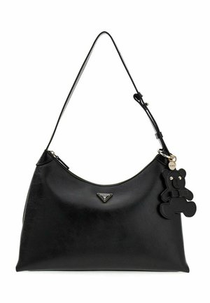 Borsa a tracolla nera in pelle Guess con tracolla regolabile e portachiavi a forma di orsacchiotto nero annesso.