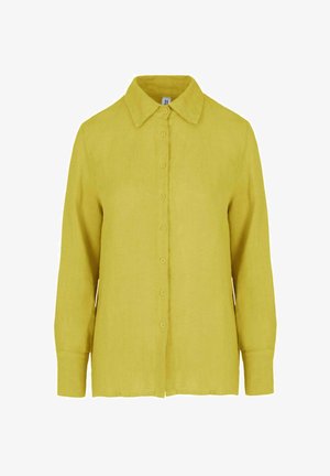Langärmliges senfgelbes Hemd mit Knopfleiste, Kragen und Manschetten, aus strukturiertem Stoff, auf weißem Hintergrund dargestellt.