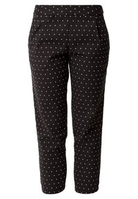 Pantalon noir à pois blancs, doté d'une coupe ajustée, de plis à l'avant et d'une jambe fuselée. Confectionné dans un tissu lisse.