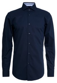 Marineblauw shirt met lange mouwen gemaakt van katoen, voorzien van een knoopsluiting aan de voorkant, een klassieke kraag en patroonaccenten aan de binnenkant van de kraag.