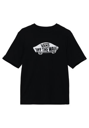 T-shirt noir à manches courtes avec un logo blanc Vans "Off The Wall" en forme de skateboard sur la poitrine.