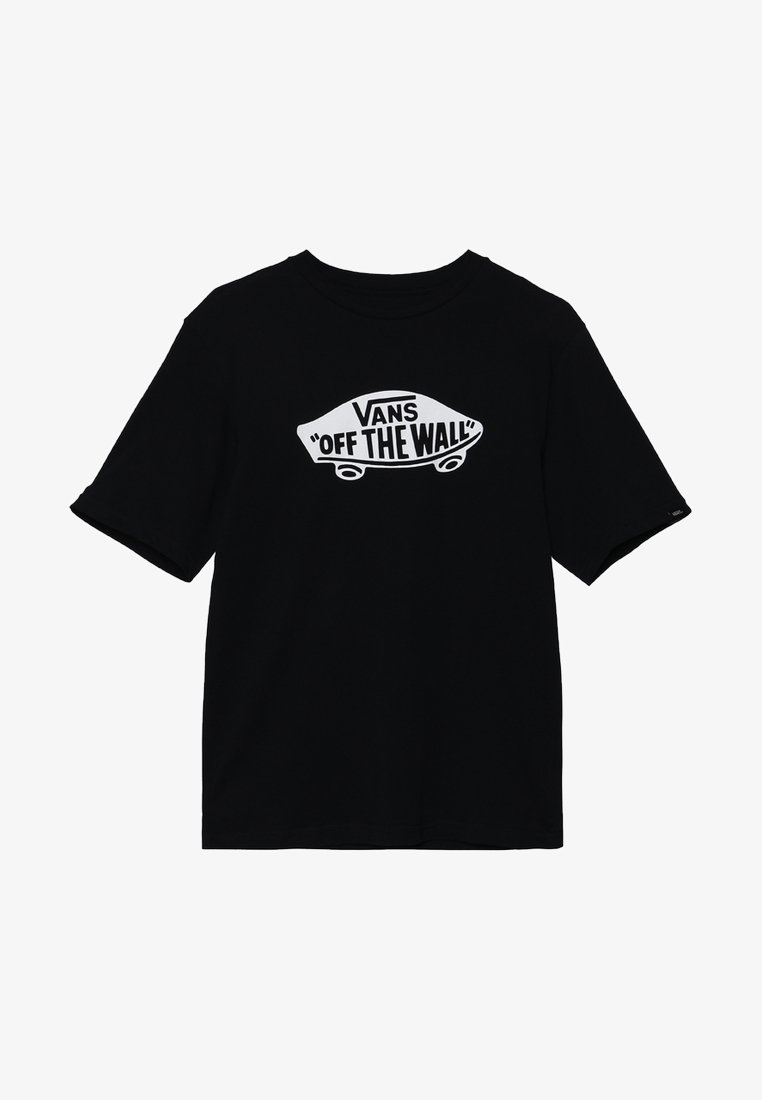 T-shirt noir à manches courtes avec un logo blanc Vans "Off The Wall" en forme de skateboard sur la poitrine.