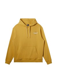 Yellow hoodie made of soft fabric, featuring a front kangaroo pocket and drawstrings on the hood. Logo displayed on the chest.