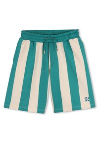 Τιρκουάζ και εκρού ριγέ σορτς με ελαστική μέση, κορδόνι και μικρό λογότυπο στο κάτω δεξί μέρος. Μαλακή υφή υφάσματος.