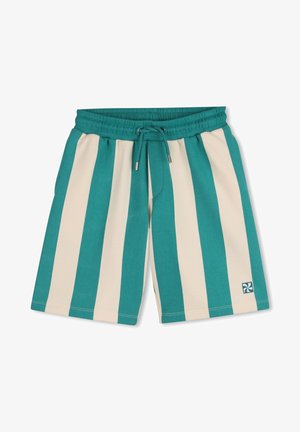 Τιρκουάζ και εκρού ριγέ σορτς με ελαστική μέση, κορδόνι και μικρό λογότυπο στο κάτω δεξί μέρος. Μαλακή υφή υφάσματος.