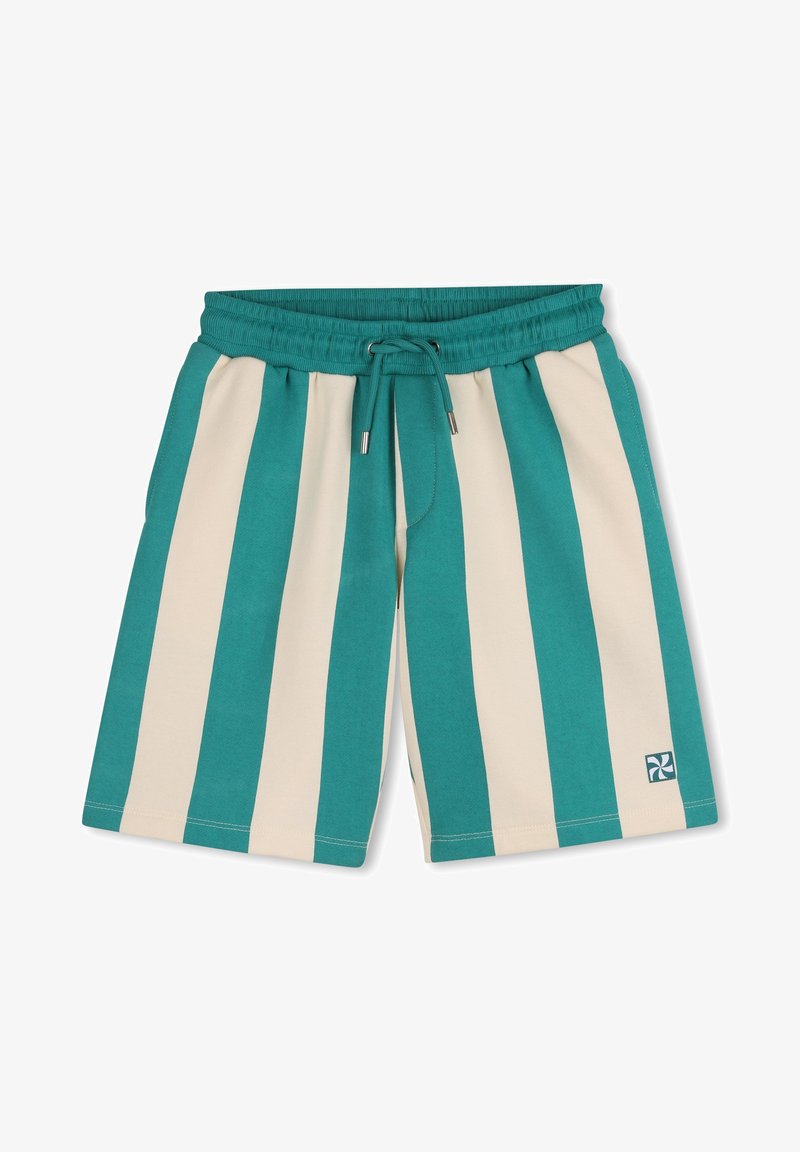 Τιρκουάζ και εκρού ριγέ σορτς με ελαστική μέση, κορδόνι και μικρό λογότυπο στο κάτω δεξί μέρος. Μαλακή υφή υφάσματος.