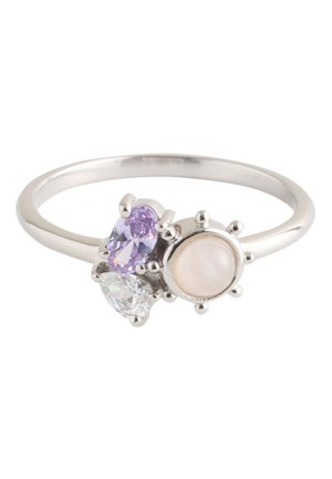 Silver ring featuring three stones: one round pink, one oval purple, and one clear heart-shaped, arranged closely together.