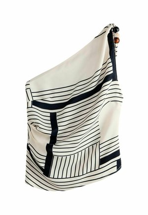 Asymmetrisches weißes ärmelloses Oberteil mit schwarzen geometrischen und gestreiften Mustern, versehen mit zwei dekorativen Perlen am Schulterriemen.