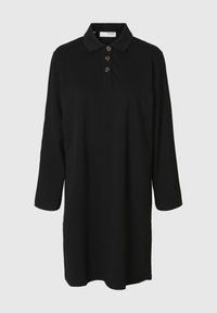 Zwart langemouw poloshirt jurk van zacht materiaal, voorzien van een knoopsluiting met drie knopen en een klassiek kraag. Eenvoudige en ruime pasvorm.