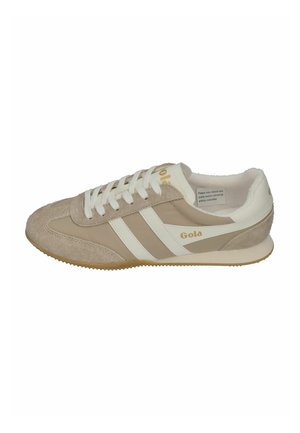 Beige and white Gola sneaker with suede and leather panels, white laces, and rubber sole, shown in side profile facing right.