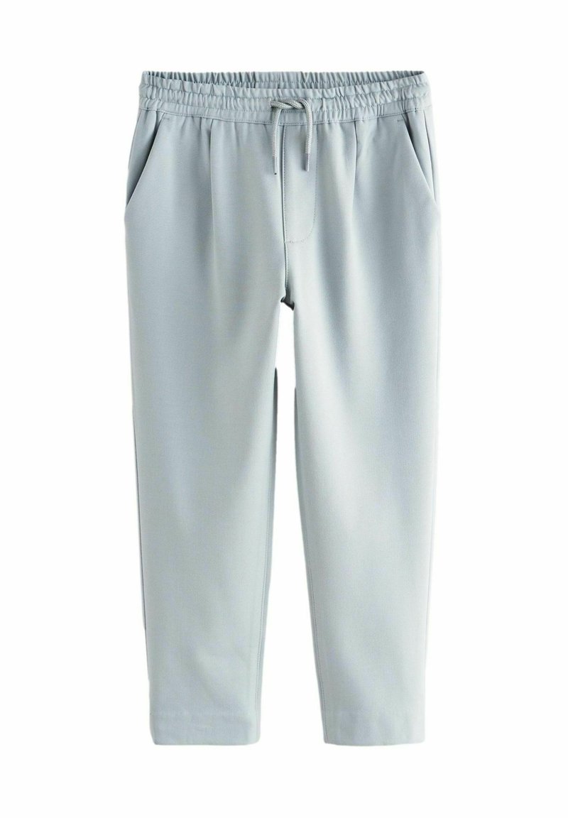 Helle graue Jogginghose mit elastischem Bund, Kordelzug, zwei Seitentaschen und schmal zulaufenden Beinen; glattes Material mit subtiler Schimmer.