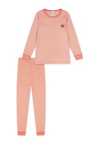 Set di pigiami a righe in corallo e bianco, composto da una maglietta a maniche lunghe con scollatura rotonda e un design ricamato, abbinata a pantaloni coordinati.