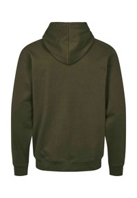 Sweat à capuche vert foncé vu de dos avec manches longues, une capuche et des poignets et un ourlet côtelés.