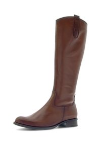 Braune knöchelhohe Lederstiefel mit glatter Textur, abgerundeter Zehenpartie und niedrigem Absatz. Mit einer Rückenschlaufe für einfaches An- und Ausziehen.