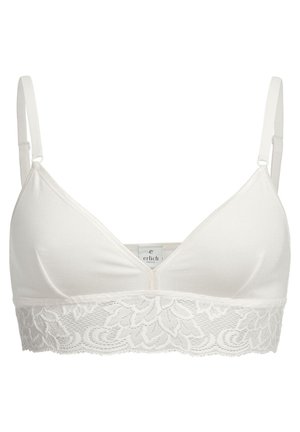 Weißer BH mit einer oberen Schicht aus weichem Baumwollmaterial und einem unteren Band aus Spitze mit floralem Muster. Dünne verstellbare Träger und dreieckige Cups.