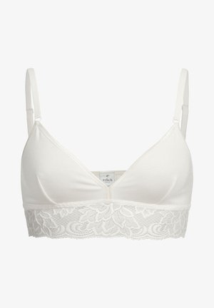 Weißer BH mit einer oberen Schicht aus weichem Baumwollmaterial und einem unteren Band aus Spitze mit floralem Muster. Dünne verstellbare Träger und dreieckige Cups.