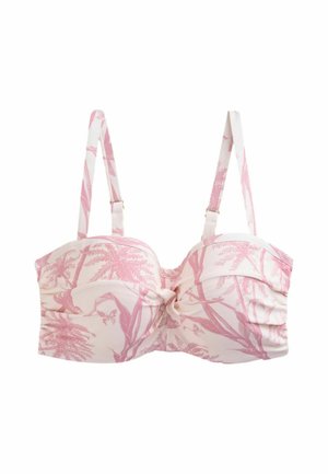 White and pink bra with tropical leaf and butterfly pattern, ruched cups, and adjustable shoulder straps on a white background.