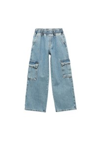 Lichtblauwe denim cargobroek met een elastische tailleband, twee grote zijzakken en een wijdvallend ontwerp. Zachte textuur en casual stijl.
