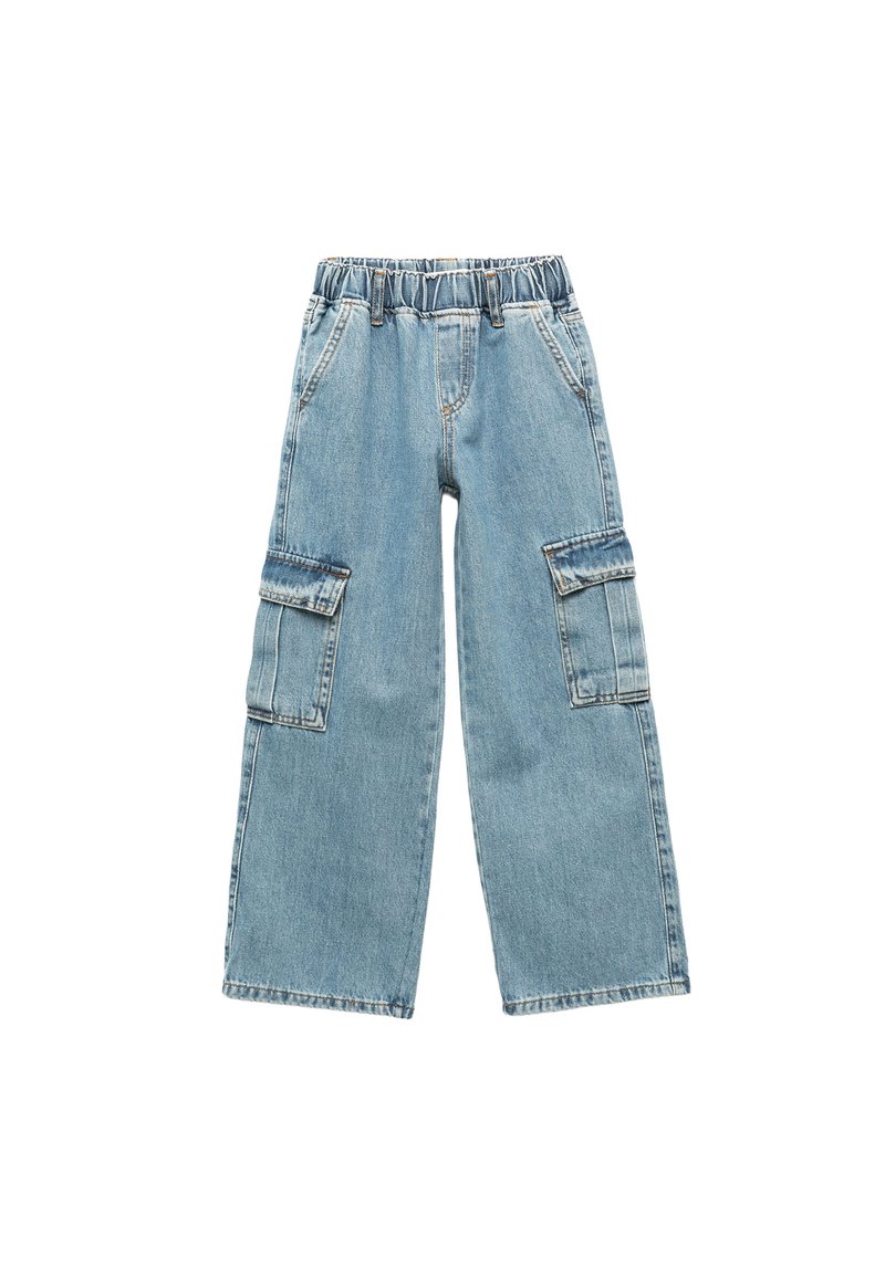 Lichtblauwe denim cargobroek met een elastische tailleband, twee grote zijzakken en een wijdvallend ontwerp. Zachte textuur en casual stijl.