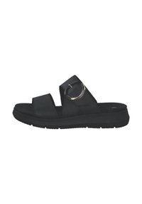 Sandales noires à glissière avec deux larges lanières, un accent en métal circulaire et une semelle intérieure texturée. Semelle extérieure en caoutchouc pour plus de stabilité et de confort.