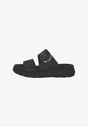 Sorte slide-sandaler med to brede stropper, en cirkulær metalaccent og en struktureret fodseng. Gummiyderside giver stabilitet og komfort.