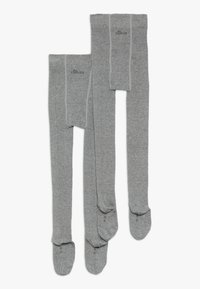 Collant grigi realizzati in materiale morbido, con una texture liscia e zona delle dita rinforzata. Disponibili in due misure con dettagli di cucitura a contrasto.