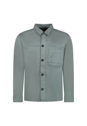 Grijze overhemdjacket met een knoopsluiting aan de voorkant, lange mouwen en een borstzak. De stof lijkt soepel met een subtiele glans.