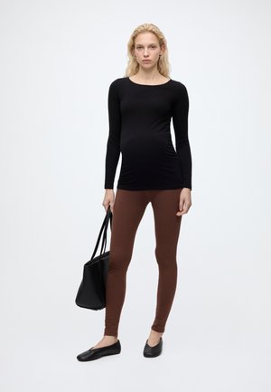 Anna Field MAMA by Zalando, MATERNITY LEGGINGS BACK GATHERING - Legíny – nohavice - beige melange / 19-1215 tcx shaved chocolate / black