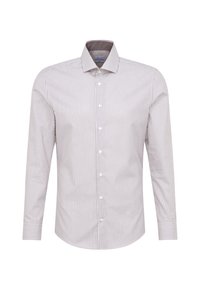 Camicetta da uomo a maniche lunghe con sottili strisce verticali grigie e bianche, colletto a punta e polsini con bottoni.